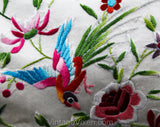Asian Bird Evening Purse - 60s 70s Formal Handbag - Beautiful Embroidery - Fine White Satin Bag with Shoulder Strap - Blue Pink Orange