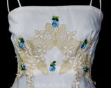 XS Fairytale White Dress - Fantasy Fairy Empire Evening Gown with Tea Lace & Blue Rosettes - Size 00 Handkerchief Hem Formal - Bust 30.5