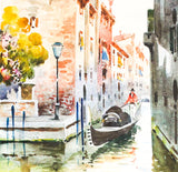 Venice Italy Gondolier Original Watercolor Framed Picture by Italian Artist Alberto Rossi - Venetian Canal Scene - Gorgeous Pink Gray Hues