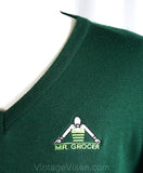 Men's Large Sweater - Vintage 1970s Mr. Grocer V-Neck Top - Mens Retro 70s V Neck Pullover - Hunter Green Grocery Store - Chest 46 - 35743