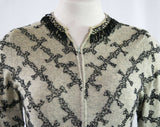 Size Small 1950s Gray Beaded Sweater - Soft As Cashmere - Charcoal Chevron Beadwork - Fringe Neckline & Hem - Zip Front 50s Cardigan