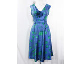 Size 4 Sun Dress - Blue & Green Silk 50s Summer Frock - 1950s Girl Next Door - Hydrangea Floral Polka Dot Scarf Silk with Corsage - Bust 33