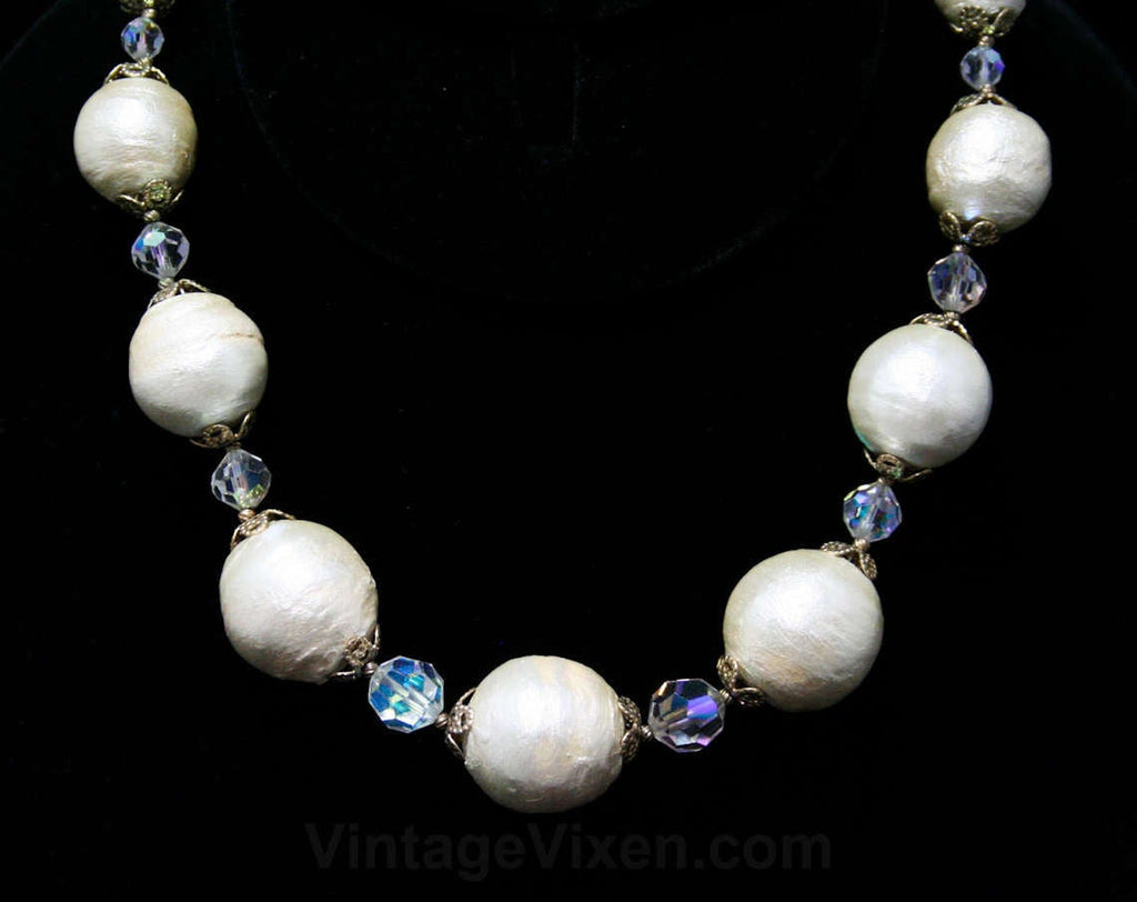 50s Baroque Pearl Necklace - Crystal Beads & Goldtone Filigree - 1950s Glamour - Beautiful Antique Inspired Chic - White Silver Gold Elegant