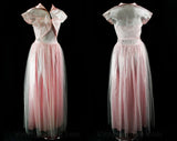 Size 10 1950s Prom Dress - Strapless Evening Gown - 50s Debutante - Boned Bodice - Baby Pink Tulle & Satin - Bolero Jacket - Bust 36 - 43120