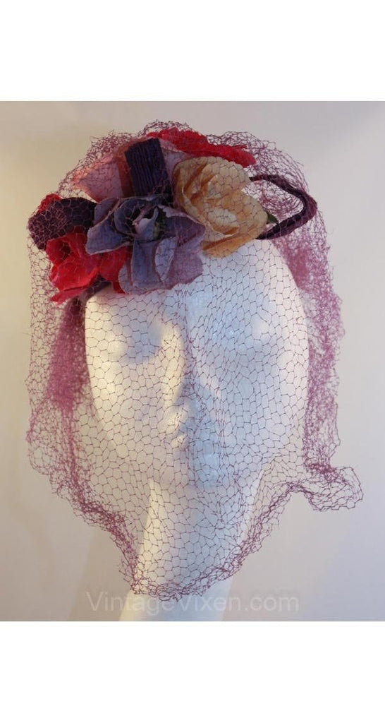 40s Hat - Wonderful 1940s Purple Veiled Millinery with Floral Nosegay & Netting - Charming Spring Flowers - 40's World War II Era with Veil
