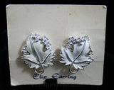 White Leaf & Berries Earrings - 50s Classics - Leafy Enamel - Bright Silver Detail - 1950s - Leaves - Clip On - Deadstock - 42402