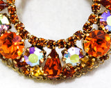 Glittering 50s Rhinestone Brooch - Made in Austria - Brown Orange Amber Gold Rhinestones - 1950s 1960s Round Pin - Autumn Glamour - 50481