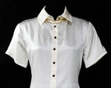 XS Small Ivory Silk Satin Blouse by St John - Designer 1990s Short Sleeve Shirt - Classic 90s White Office Top with Metal Chain - Bust 34