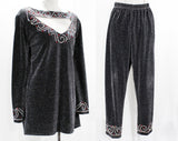 Size 18 Disco Pant Suit - Plus Size 1970s Glitz & Glamour - 70s Silver Red Sparkle Knit Tunic Shirt Pants - Long Sleeve Pantsuit - Bust 46