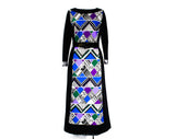 Size 8 Black Tribal Print Maxi Dress - 1960s Long Sleeve A-Line Sheath & Belt - Purple Blue Emerald Green Geometric 60s Polyester - Bust 38