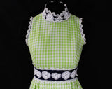 Size 2 Lime Gingham Dress - 60s 70s Sleeveless Empire Summer Gown - Spring Green & Navy Blue Cotton Maxi Dress - White Daisy Lace - Waist 24