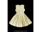 Size 5 Girl's 1950s Dress with Full Skirt - Childs Spring Summer Cotton Frock - Sleeveless 50s Taupe Yellow with White Flowers - Chest 24