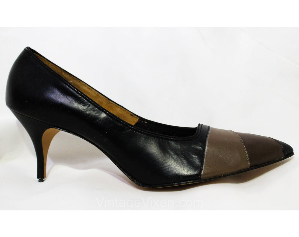 Size 9 1950s Stiletto Shoes - Unworn Deadstock 50s 60s Black & Mocha High Heels - Chic Leather Pumps with Geometric Mod Detail - 9AA Narrow