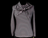 XS Small Striped Top - Retro 70s Long Sleeved Knit Shirt & Kerchief - Euro Gondolier Style Stripes - Navy Blue Rose Pink Ivory - Bust 32.5