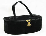1930s Black Box Bag - Deco Velvet 30s Handbag - Brass Hardware - Mirror Inside - Oblong - Authentic 1930's Evening Purse - 47945