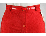 Size 4 1970s Burnt Orange Crushed Velour Skirt - Small A Line Button Front 70s Separates - Original Belt - Mint Condition NWT - Waist 26