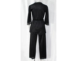 Size 8 Black Pajamas - 1970s Wrap Style Lounge Top & Pajama Pant Set - Tucked Front with Lace Trim - 70s Sears Label - Bust 34 to 35