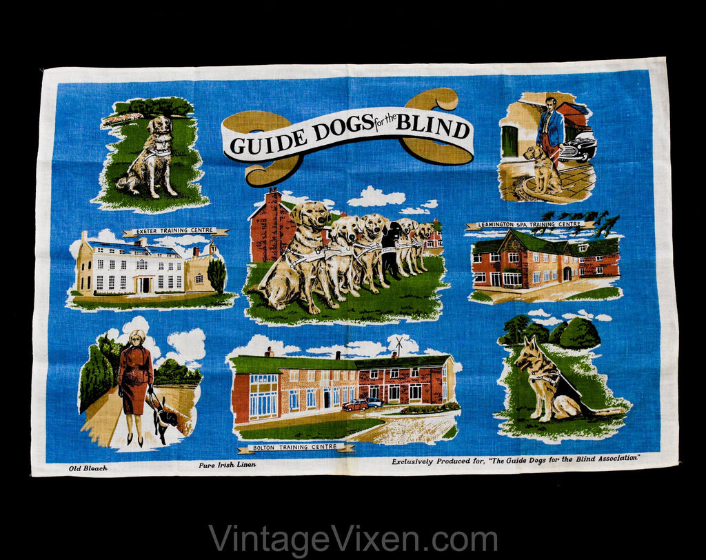 1950s Guide Dogs for the Blind Linen Hand Towel - 50s 60s Novelty Print - Training Puppies - German Shepherd - Leamington Bolton Exeter UK