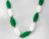 1960s Yarn Necklace - Emerald Green & White Acrylic Yarn Beads - Cute and Crafty 60s Handmade Jewelry - Kitsch 60's 70's Design