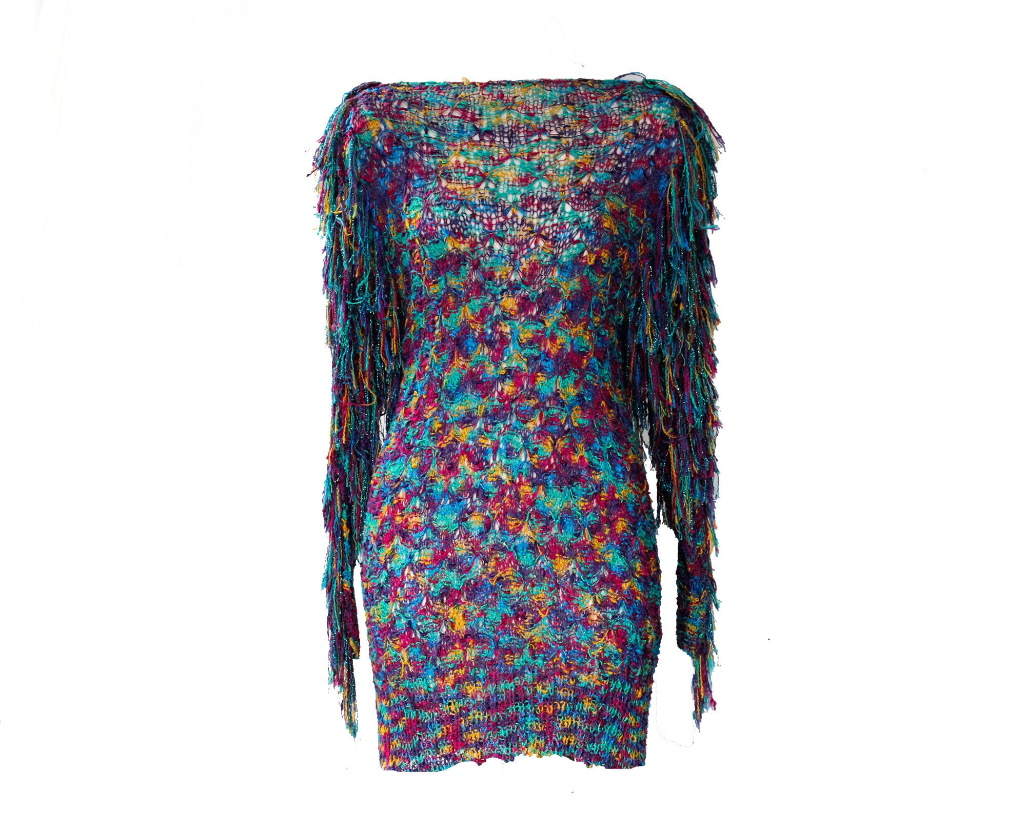 Size 6 1980s Mini Dress - Tropical Turquoise Fuschia Rainbow Sheer Kni Vintage Vixen Clothing Size 6 1980s Mini Dress - Tropical Turquoise Fuschia Rainbow Sheer Kni Vintage Vixen Clothing