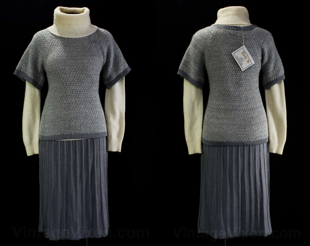 Size 8 Gray Angora Tunic with Turtleneck & Knit Skirt - 1980s Layered Sweater Dress - Boho 80s Pewter Grey Set - Bust to 35 - NWT Deadstock