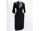 Size 4 1950s Dress - New Look Era Black Crepe 50s with Ascot - Wing Lapel - Nipped Waist - Blue Plaid Tie & Plaid Lining - Waist 25