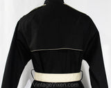 Size Medium Large Rain Coat - Black Cotton Canvas with Khaki Trim - 1970s 80s Button Front & Tie Belt - NWT 70s Deadstock - Bust 39