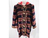 Large Boho Peasant Coat with Hood - Russian Style Navy Blue & Red Wool Huge Sleeves - Wooden Beads - Haute Designer Dan DeSantis - Bust 54