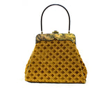 1960s Caramel Tapestry Purse with Gorgeous Brown Lucite Frame - 50s 60s Chenille Lattice Pattern Handbag with Swing Handle - Fall Autumn