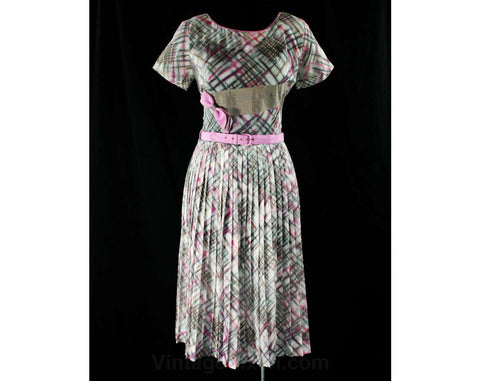 Size 10 1950s Sheer Dress - Gray & Orchid Purple Plaid Cotton Organdy Frock - Two Tone Ribbon - 50s Full Skirt - Original Belt - Waist 29