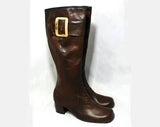 Size 6 Hipster 60s Boots - Brown Waterproof Rubber - Sophisticated 1960s 1970s Pirate Style Big Buckles - Fleece Lined Unworn - Deadstock