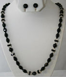 Gorgeous Black Cut Glass Necklace & Earrings with Crystal Details - 1930s Depression Era - Button Style Earrings - Beaded Necklace - 32952