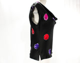 Size 6 Silk Top - Late 1970s Black Dots Print Sexy Shirt - Small 70s Cap Sleeve Blouse - Red Purple Pink - Basile Italy - Bust 34 - 50079