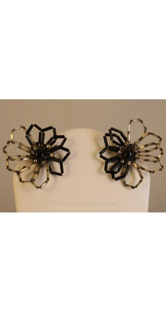 FINAL SALE Airy Black & Silver Beaded Flower Earrings - 1950s Floral Beadwork - Hand-Strung Wire - Rhinestone Accents - NOS Deadstock