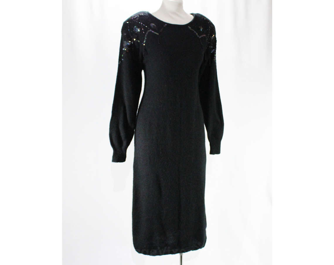 Size 10 Sweater Dress - Medium 80s Black Sparkle Knit with Sequins & B Vintage Vixen Clothing Size 10 Sweater Dress - Medium 80s Black Sparkle Knit with Sequins & B Vintage Vixen Clothing