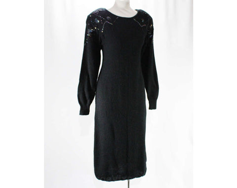 Size 10 Sweater Dress - Medium 80s Black Sparkle Knit with Sequins & Beaded Tassels - 1980s 90s Glamour Girl Long Sleeve Knitwear - Bust 40