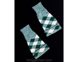 1950s Arm Warmers - Emerald Green & White Wool Argyle Plaid Sleeve Gauntlets - Like Gloves Without Hands - Hand Knitted Authentic 50s Cuffs