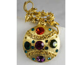 1950s Holiday Pin - Christmas Ornament Brooch - 50s Festive Jeweltone Rhinestones Jewelry - Goldtone - Orange Fuchsia Green Purple Gold