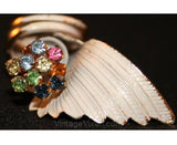 Tropical Bloom 1950s Pin with Multi Rhinestones - 50s Summer Brooch - White & Goldtone Metal - Exotic Flower - Pastel Rhinestones - 32135