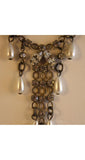 Delicate 1940s Rhinestone & Pearl Evening Necklace - Silvertone - 40s Tassel Silver Metal Pageant Style Necklace - Dangling Teardrops 34763