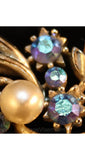 Glam 1950s Blue Rhinestone & Pearl Pin by Lisner - Winter Icy Hues Brooch - Faceted Glass - 50s Designer - Leaves - Mid Century - 34640-1