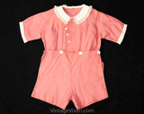 Girls 1930s Romper - Size 3T Authentic 30s Pink Cotton Play Outfit - Girl's Short Sleeve Summer Playset - Buttons Scallops & Lace - Waist 26
