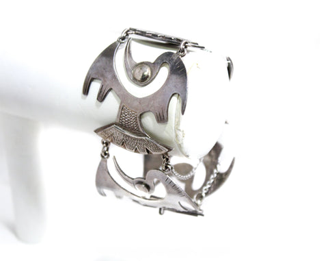 Mid Century Sterling Silver Bird Bracelet from Peru - 1950s 60s Peruvian Heron Crane - 925 Fine Silver - Stylized Carved Birds Panel - 50447