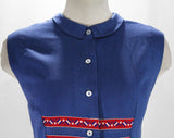 Size 6 McMullen Blouse - 1950s Blue Fine Linen Tailored Top - Red Nautical Flags Shirt - 4th of July Sleeveless 50s Deadstock - Bust 38