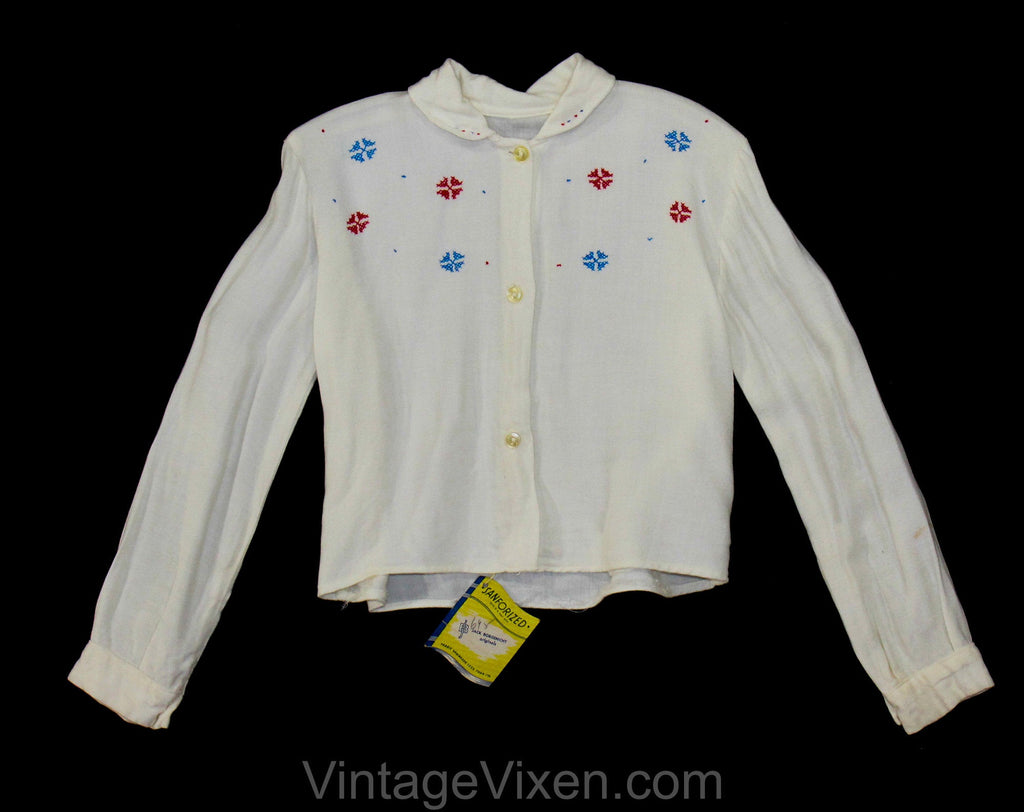 Size 4T Girl's 1950s Shirt - Toddler's Winter White Long Sleeve Button Front Top with Red and Blue Alpine Flowers - NOS Deadstock - Chest 26