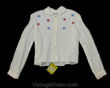 Size 4T Girl's 1950s Shirt - Toddler's Winter White Long Sleeve Button Front Top with Red and Blue Alpine Flowers - NOS Deadstock - Chest 26