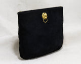 Navy Suede Clutch Bag with Lion's Heads - Dark Blue Sueded Leather Purse - Handbag without Strap - Posh Brassy Gold Lion & Door Knocker Pull