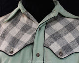 Men's Small 1930s 40s Western Shirt - Sage Green Gabardine & Gray Plaid Mens Top - 30s Autumn Rockabilly Cowboy - Long Sleeve - Chest 38