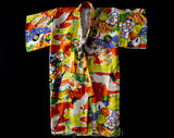 Girl's 3T 4T Kimono Robe - Child's 1940s 50s Japanese Cranes Rayon Print House Coat - Orange Blue Yellow Asian Toddler Jacket - Chest 24