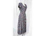 Size 8 1990's Dress - Romantic 1940s Style Floral Full Skirted Dress with Black Rose Buttons - Lavender Turquoise Chartreuse - Waist to 28